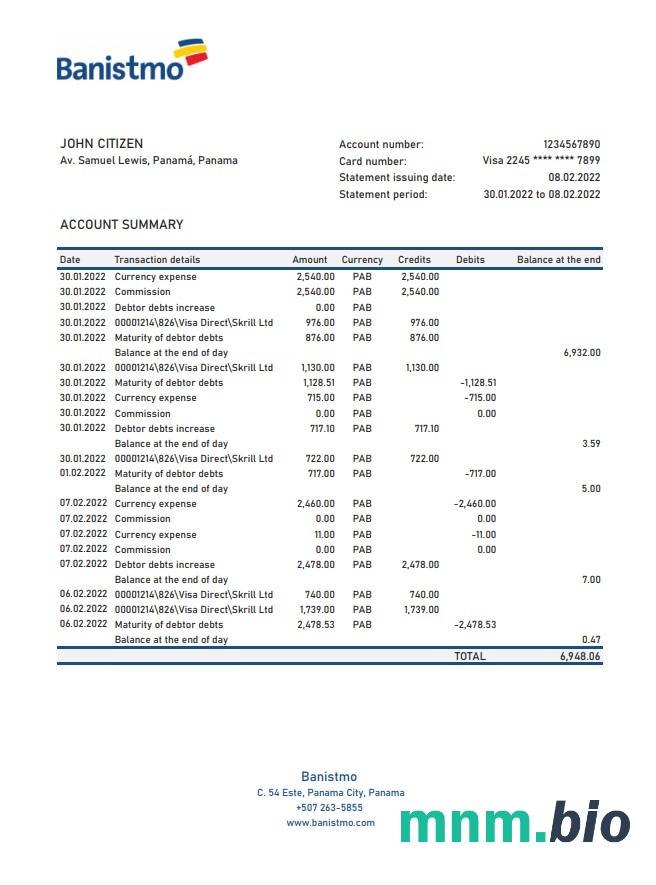 Panama Banco ogólny szablon wyciągu bankowego w programie Word i PDF